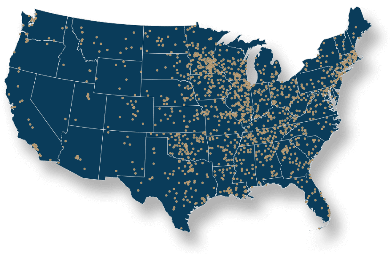 united states map with gold circles representing bank partners