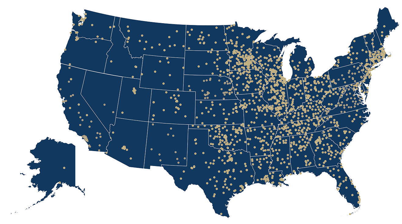 united states map with gold circles representing bank partners