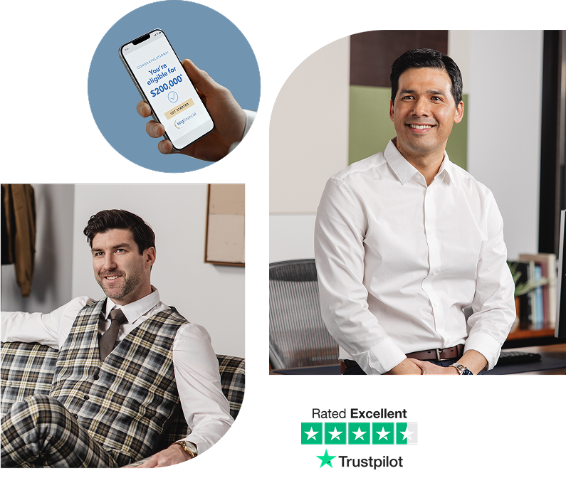Collage of images with two men, a phone and TrustPilot rating graphic.