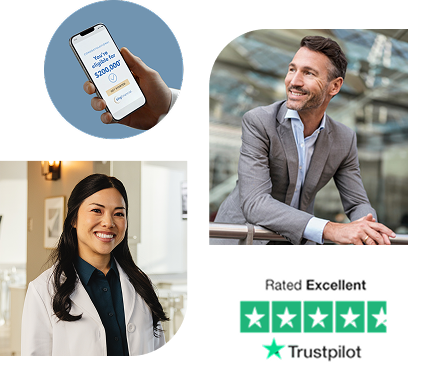A collage of a hand holding a smartphone, a person in medical attire, a person in business attire, and a five-star Trustpilot badge.