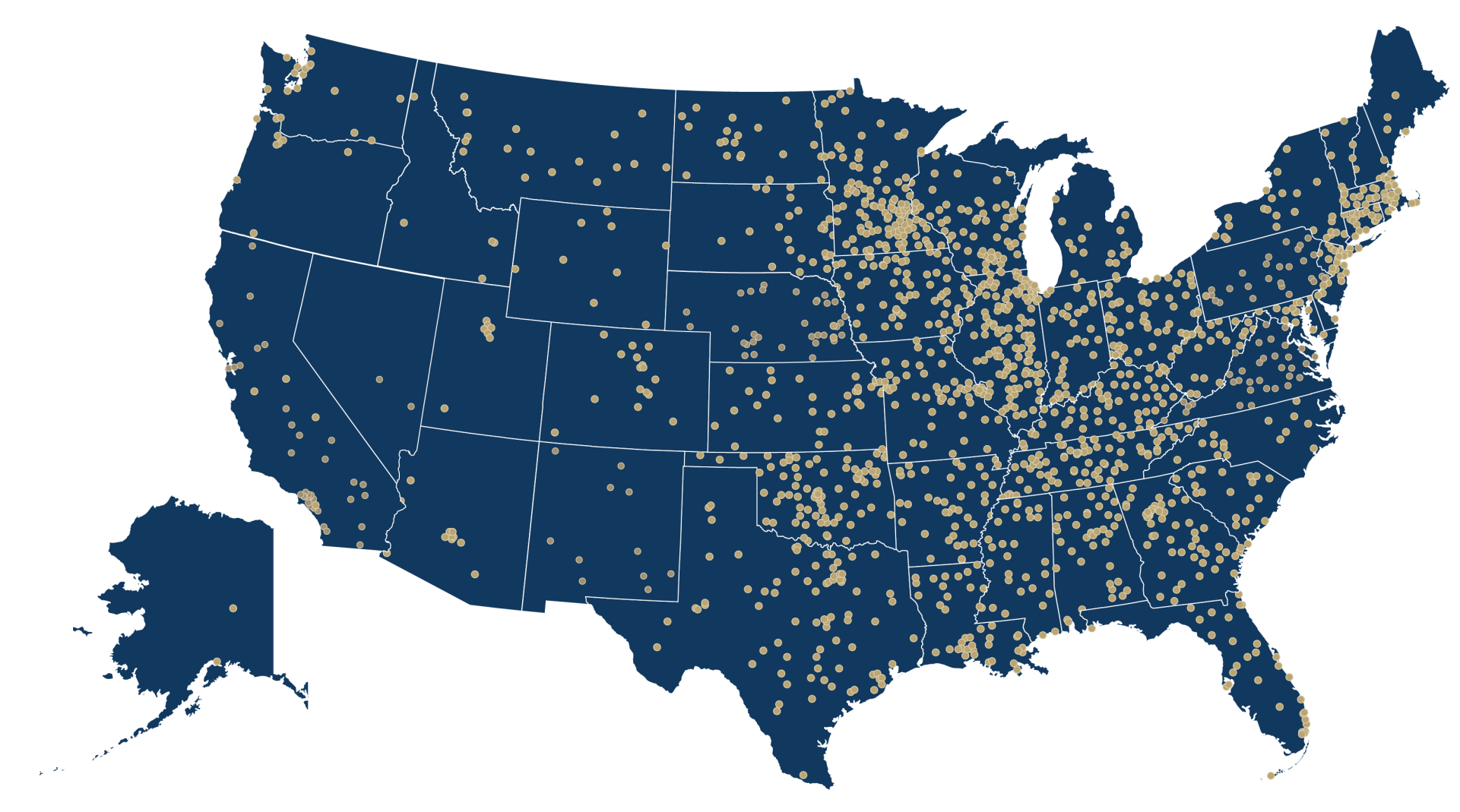 united states map with gold circles representing bank partners