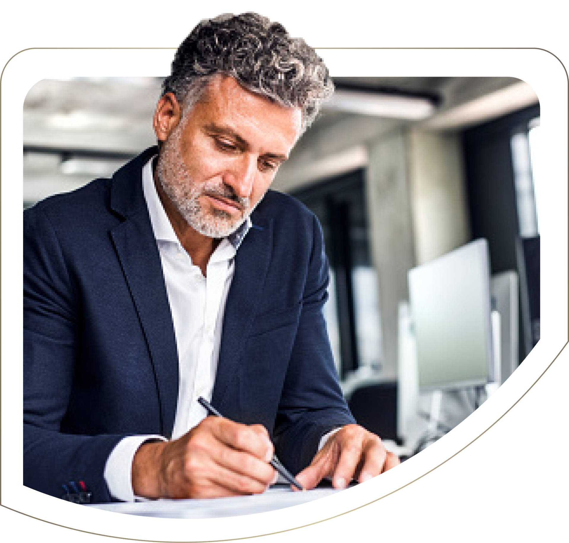 A man in a suit sitting at a desk, writing on a document. The image includes a graphic overlay with loan terms.